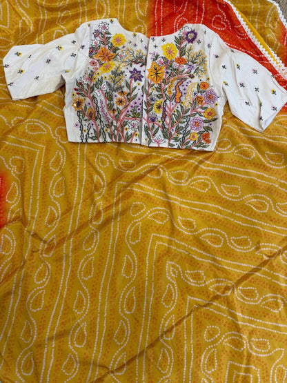 Cocktail saree Bandhini saree shibori saree multi colour saree haldi saree Mehendi saree grab party saree with blouse
