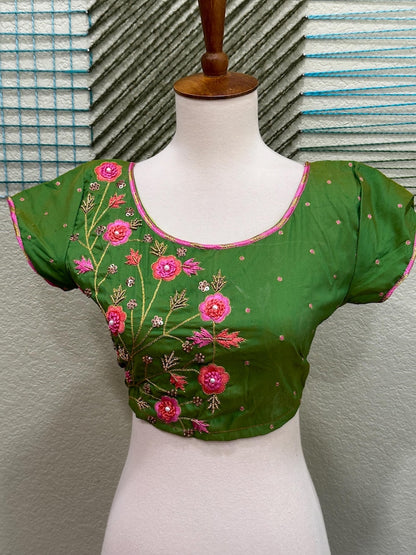 Maggam work Blouse for Saree – Green Blouse- Artisan Silk Blouse – Festive & Wedding Ethnic Wear