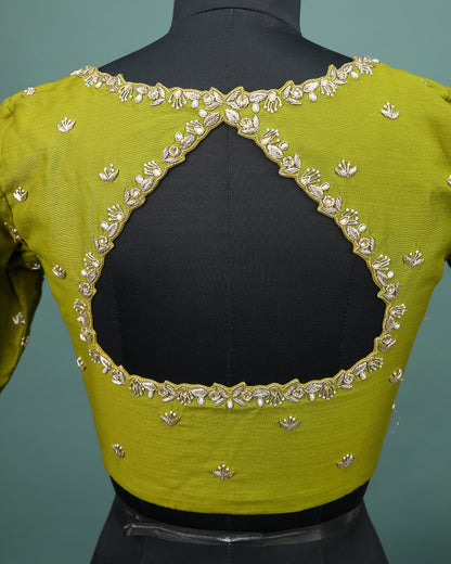 Maggam work Blouse for Saree – Olive Green Blouse- Artisan Silk Blouse – Festive & Wedding Ethnic Wear