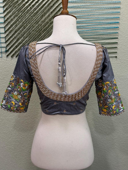 Maggam work Blouse for Saree – Gray Blouse- Artisan Silk Blouse – Festive & Wedding Ethnic Wear