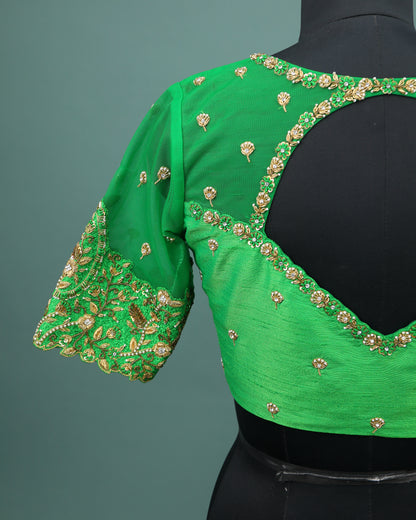 Maggam work Blouse for Saree – Green Blouse- Artisan Silk Blouse – Festive & Wedding Ethnic Wear