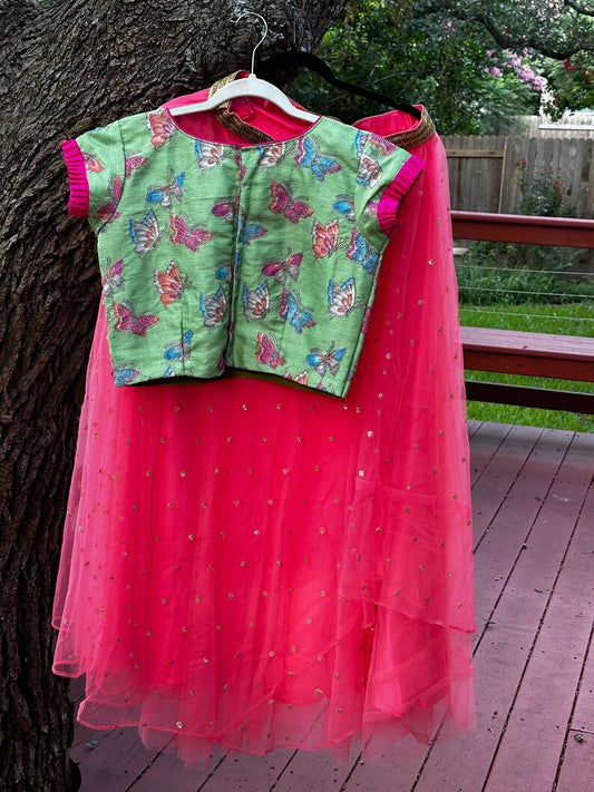 Crop Top | Designer Lehenga | Mehendi & Haldi Lehenga Choli | green pink Lehenga Set | Indian Wedding Guest Outfit | Pre Wedding Ceremony Dress