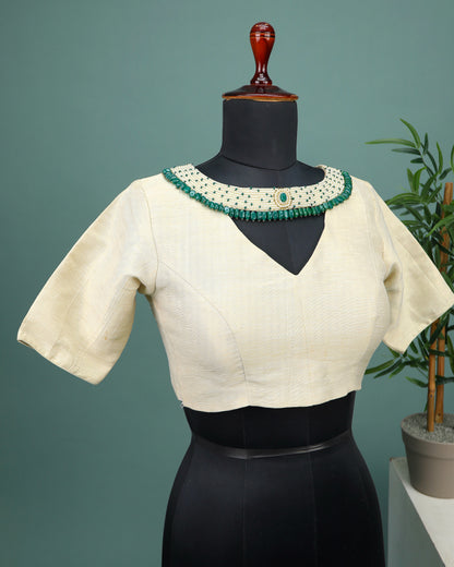 Maggam work Blouse for Saree – Cream Blouse- Artisan Silk Blouse – Festive & Wedding Ethnic Wear