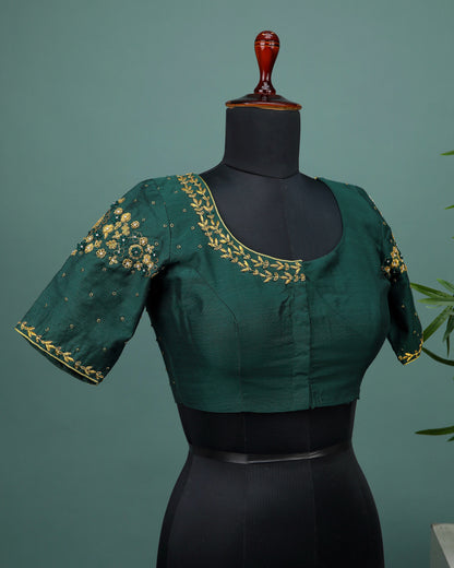 Maggam work Blouse for Saree – Green Blouse- Artisan Silk Blouse – Festive & Wedding Ethnic Wear