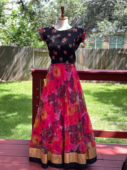 Crop Top | Designer Lehenga | Mehendi & Haldi Lehenga Choli | Black Red Floral Printed Lehenga Set |Indian Wedding Guest Outfit | Pre Wedding Ceremony Dress