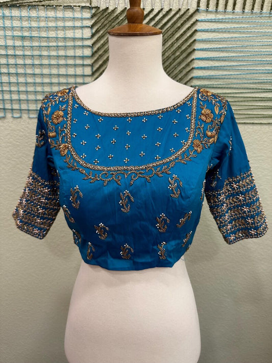Maggam work Blouse for Saree – Blue Blouse- Artisan Silk Blouse – Festive & Wedding Ethnic Wear