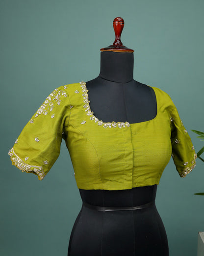 Maggam work Blouse for Saree – Olive Green Blouse- Artisan Silk Blouse – Festive & Wedding Ethnic Wear