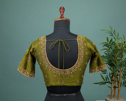Maggam work Blouse for Saree – Olive Green Blouse- Artisan Silk Blouse – Festive & Wedding Ethnic Wear