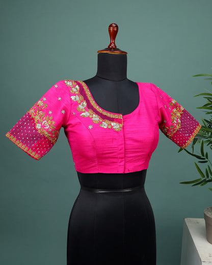 Maggam work Blouse for Saree – Pink Blouse- Artisan Silk Blouse – Festive & Wedding Ethnic Wear