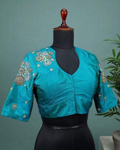 Maggam work Blouse for Saree – Blue Blouse- Artisan Silk Blouse – Festive & Wedding Ethnic Wear