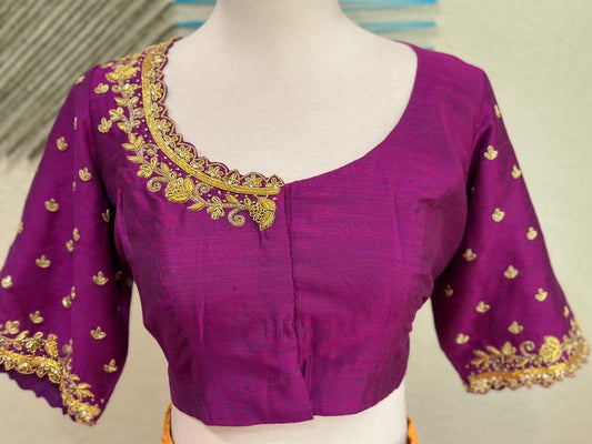 Maggam work Blouse for Saree – purple blouse- Artisan Silk Blouse – Festive & Wedding Ethnic Wear