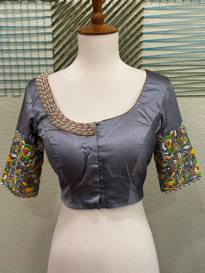 Maggam work Blouse for Saree – Gray Blouse- Artisan Silk Blouse – Festive & Wedding Ethnic Wear