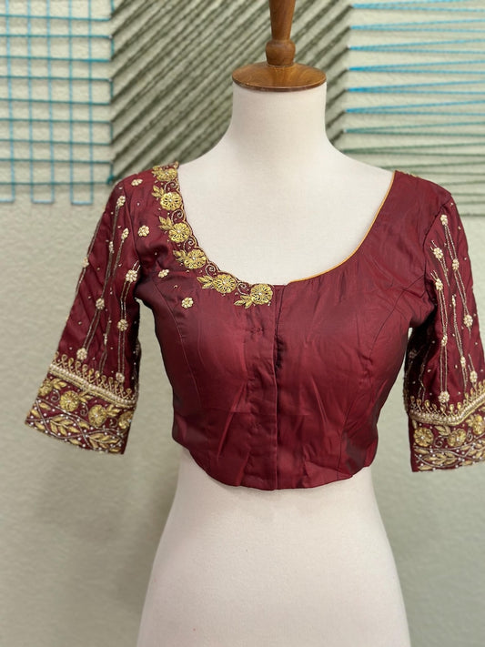 Maggam work Blouse for Saree – Maroon Blouse- Artisan Silk Blouse – Festive & Wedding Ethnic Wear