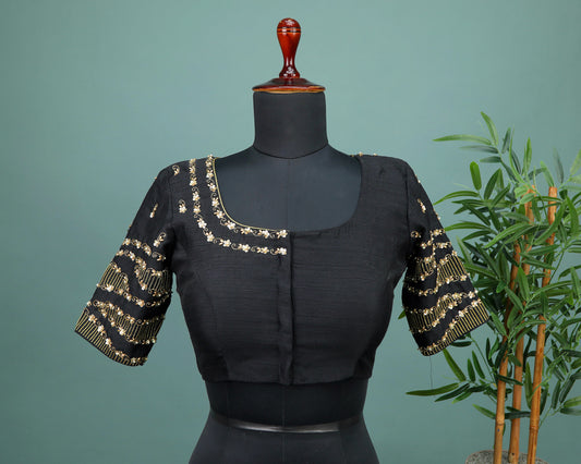 Maggam work Blouse for Saree – Black Green Blouse- Artisan Silk Blouse – Festive & Wedding Ethnic Wear