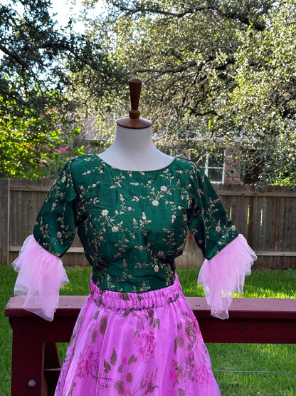 Crop Top | Designer Lehenga | Mehendi & Haldi Lehenga Choli | green pink Lehenga Set | Indian Wedding Guest Outfit | Pre Wedding Ceremony Dress