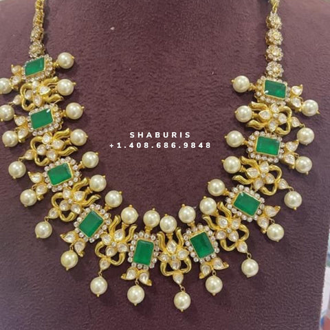 Pearl polki choker,Pure Silver jewelry Indian, diamond choker set,Sabyasachi jewelry inspired,Indian Bridal,Indian Jewelry - SHABURIS