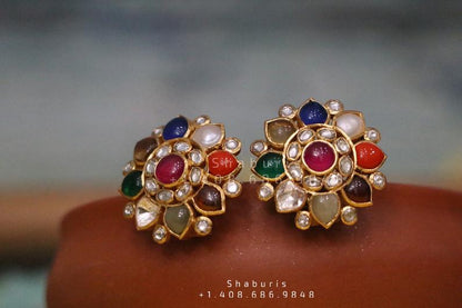 Navaratan Earrings Navaratan Studs Multi Color Stone Earrings Diamond Jhumkas Polki Earrings Diamond Earrings Cocktail earrings 925 Silver Jewelry Silver Earrings - SHABURIS