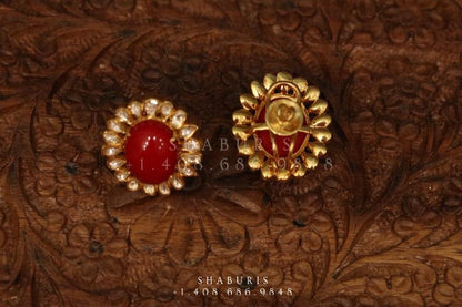 Coral stud,polki stud,polki diamond jewelry in silver,big studs,indian jewelry,statement jewelry-SHABURIS