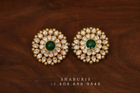Emerald stud,polki stud,polki diamond jewelry in silver,big studs,indian jewelry,statement jewelry-SHABURIS