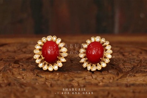 Coral stud,polki stud,polki diamond jewelry in silver,big studs,indian jewelry,statement jewelry-SHABURIS