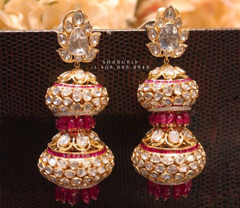 Polki Diamond Jhumka ,diamond earrings,Pure silver Jhumkas Indian,Indian Earrings,Indian Wedding Jewelry -NIHIRA-SHABURIS