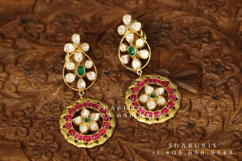 Polki earrings,South Indian coral jewelry ,polki studs,uncuts statement jewelry simple stud Jewelry,pure Silver indian jewelry-SHABURIS