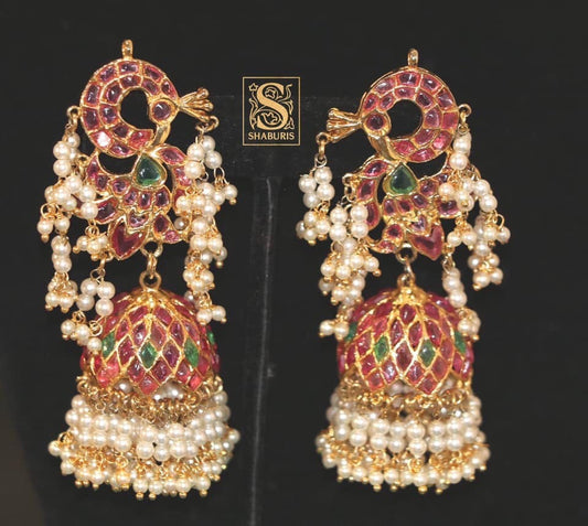 Peacock Earrings,Guttapusalu,Ruby,Gold,Traditional Earrings,Gold Look a like earrings,hand made jewelry,fine statement jewelry,SHABURIS