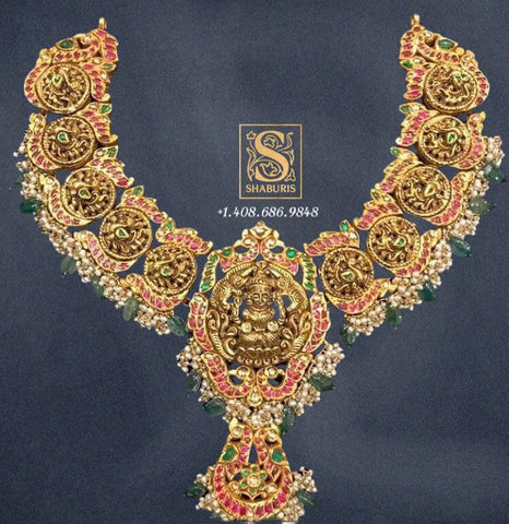 Gold Plated Pure Silver Jewellery Indian,Temple Necklace,Nakshi Jewelry,Lakshmi Pendent,Indian Bridal,Indian Wedding Jewelry-NIHIRA-SHABURIS