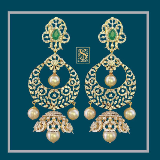 Diamond Jhumka ,Pure Silver Jewellery Indian ,Chandbali Earrings,Big Indian earrings,Indian Bridal,Indian Wedding Jewelry-NIHIRA-SHABURIS