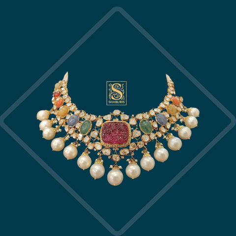 Bollywood Jewelry,Pure Silver Jewellery,Navaratan Necklace,Big Indian studs,Indian Bridal,Indian Wedding Jewelry-NIHIRA-SHABURIS