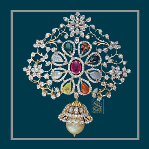 Indian Jewelry,Pure Silver Jewellery Indian ,Navaratan Pendent,Big Indian Pendent,Indian Bridal,Indian Wedding Jewelry-NIHIRA-SHABURIS