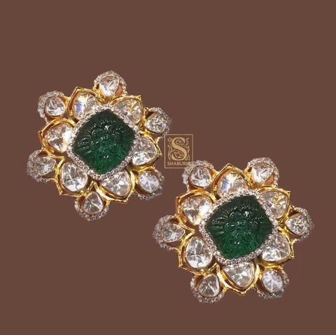 Pure silver jadau swaroski studs | swaroski studs | emerald stud | silver Jewellery | Indian Bride | Wedding Jewellery |SHABURIS