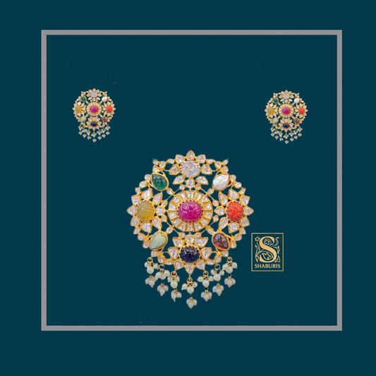 Bollywood Jewelry,Pure Silver Jewellery Indian ,Navaratan Jewelry,Navaratan pendent,Indian Bridal,Indian Wedding Jewelry-NIHIRA-SHABURIS