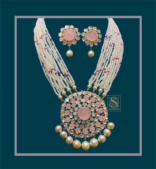 Latest Indian Jewelry,South Indian Jewelry,Pearl Necklace,Pure silver,Pink Quartz Victorian pendent,Indian Wedding Jewelry -NIHIRA-SHABURIS