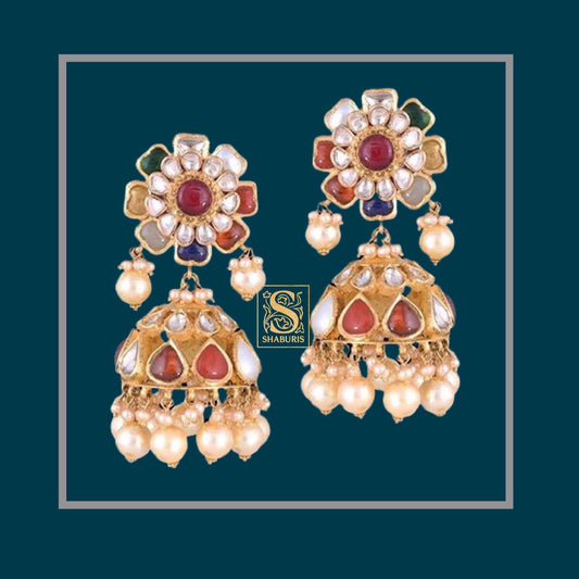 Bollywood Jewelry,Pure Silver Jewellery Indian ,Navaratan Earrings,Big Indian studs,Indian Bridal,Indian Wedding Jewelry-NIHIRA-SHABURIS
