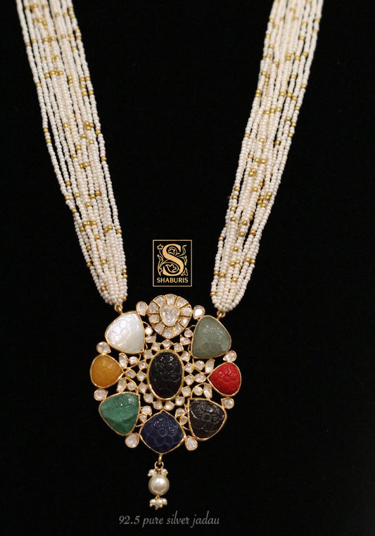 Indian Bridal Jewelry,Pure Silver Jewellery Indian ,Navaratan ,Big Indian Necklace,Indian Bridal,Indian Wedding Jewelry-NIHIRA-SHABURIS