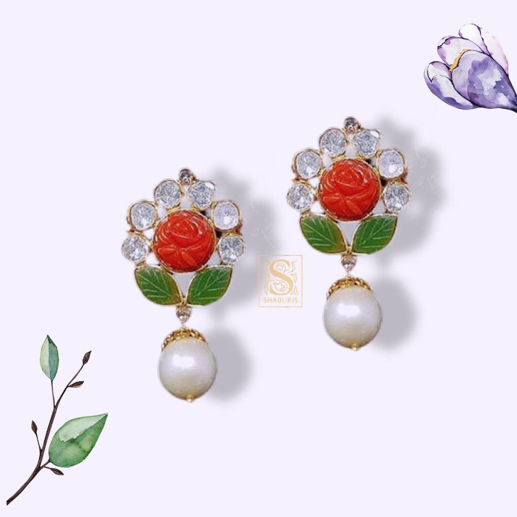 925 sterling silver handmade vintage antique design peacock stud earring  fabulous hanging pearl and red coral stone earring jewelry s705 | TRIBAL  ORNAMENTS