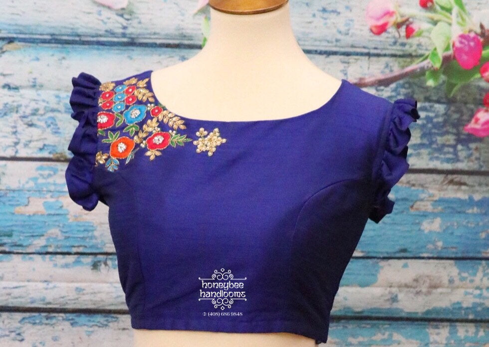 Saree blouse- blue saree blouse- Indian saree blouse-ruffle sleeve