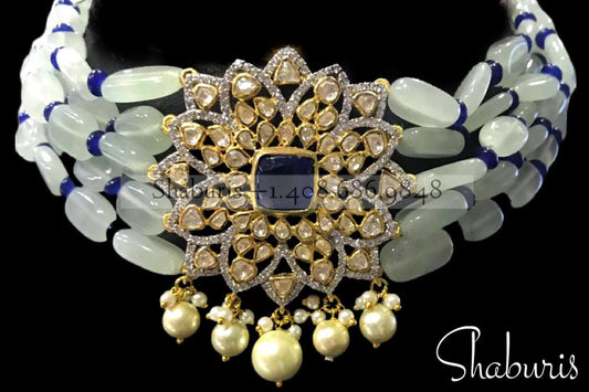 Samantha choker,Latest Indian Jewelry,South Indian Jewelry,Pure silver jewelry,sea green emerald set,victorian pendent,choker,necklace,Polki