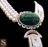 Pearl choker,Latest Indian Jewelry,South Indian Jewelry,Pure silver jewelry,pearl carved emerald set,victorian pendent,choker,necklace,Polki