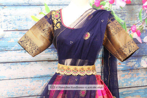 Latest pattu langa voni,Kids pattu langa,Half saree,lehenga, pattu langa voni duppatta,blue duppatta,blue and pink lehenga
