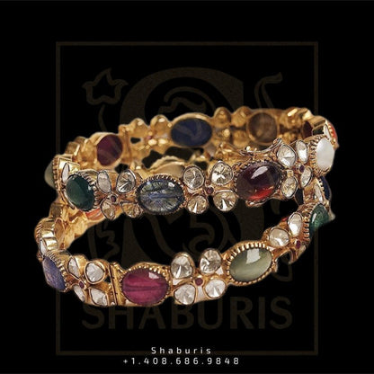 Navaratan Bangles Pure Silver Jewellery Indian ,Moissanite Bangles,Indian Bangles,Navaran Bangles,Multi Color Stone Jewelry,Polki Bangle