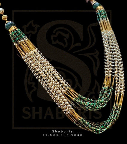 Pearl emerald mala ,Pure Silver Jewellery Indian ,Fresh Water Pearls,Pakistani Jewelry,Indian Bridal,Indian Wedding Jewelry-NIHIRA-SHABURIS