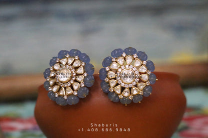 Tanzanite Studs Tanzanite Earrings Polki Earrings Big Studs  Diamond Earrings 925 Silver Jewelry Silver Earrings - SHABURIS