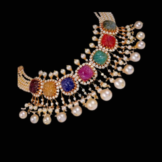 Navaratan choker,Heavy choker,Sabyasachi Jewelry inspired,southindian Jewelery,indian Jewelery,Polki haram,Navaratan Pure silver-NIHIRA