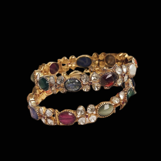 Navaratan Bangles Pure Silver Jewellery Indian ,Moissanite Bangles,Indian Bangles,Navaran Bangles,Multi Color Stone Jewelry,Polki Bangle