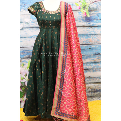 Chanderi,Indian Designer anarkali,Indian Stitched Dress for women, zardhosi maggam mirror work green Dress ,Indian Partywear Dress Duppatta