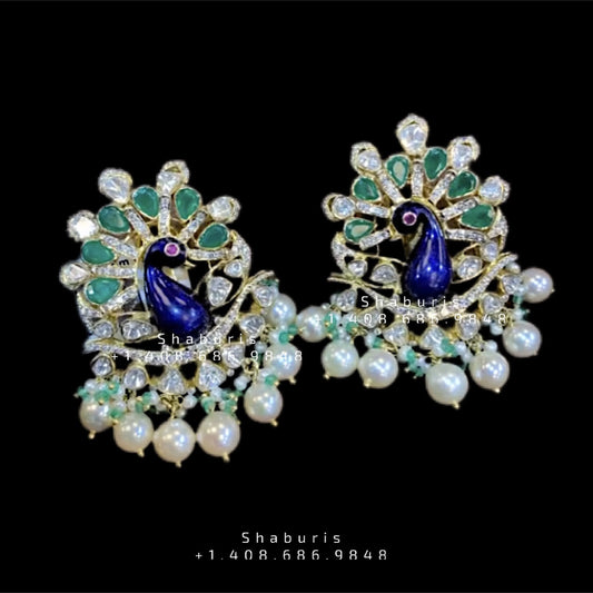 Menakari studs , peacock Jewelry,polki Indian Jewelry,Pure silver polki jhumka,Diamomd  Jhumka,Indian Wedding Jewelry -SHABURIS