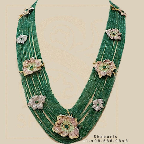 emerald beaded mala ,Pure Silver Jewellery Indian ,meenakari pendent, Swarovski pendent,emamel look Jewelry-NIHIRA-SHABURIS