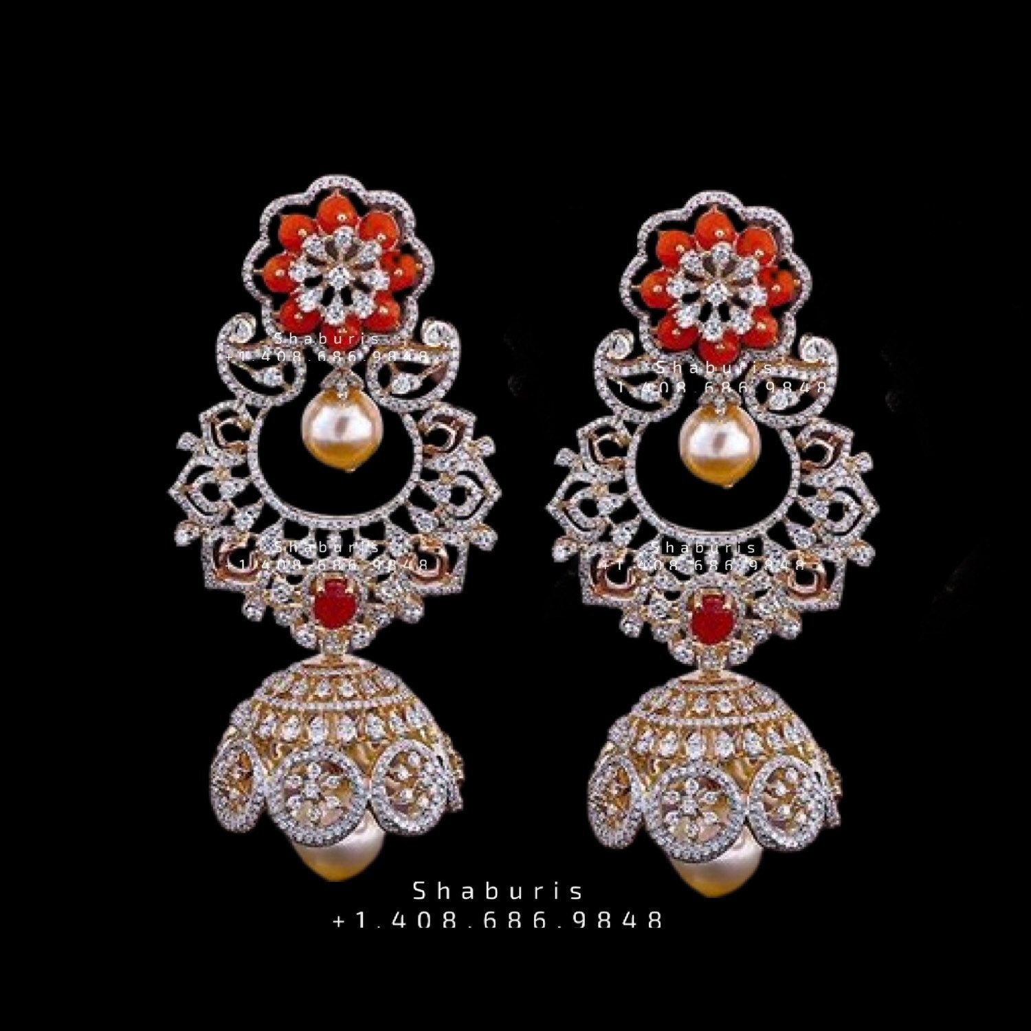 Diamond jhumka,coral Diamond Jhumka Jewelry Designs,South Indian Jewelry,Jhumka Earrings,Jhumki,coral  indian jewellery Designs -NIHIRA